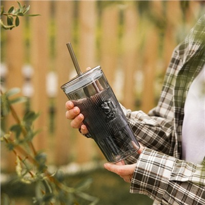 Стакан SL Home «Идиллия», 650 мл, 8.5×24 см, стекло, с трубочкой, зелёный