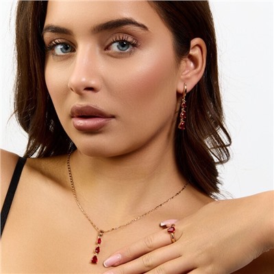 Комплект ювелирной бижутерии коллекция "Дубай" серьги, кулон и кольцо 19 р, покрытие позолота, вставка: фианиты, цвет: рубиновый, арт.414.307-19