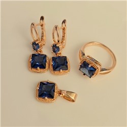 Комплект ювелирной бижутерии Дубайское золото: серьги, кулон и кольцо 19 р с крупным камнем, покрытие позолота, вставка: фианит, цвет: синий, арт.314.962-19