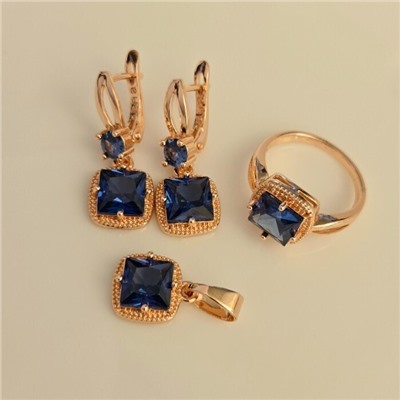 Комплект ювелирной бижутерии Дубайское золото: серьги, кулон и кольцо 18 р с крупным камнем, покрытие позолота, вставка: фианит, цвет: синий, арт.314.962-18