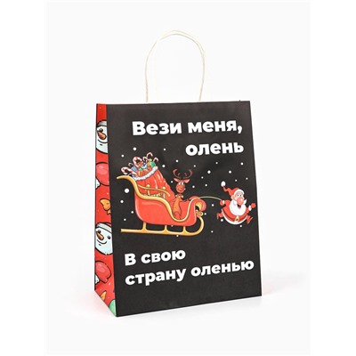 Пакет бумажный подарочный новогодний крафт, «Вези меня», 27×21×11 см