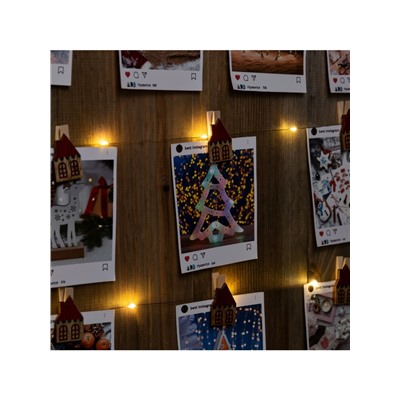 Гирлянда «Нить» 2 м роса с насадками «Прищепки-домики», IP20, серебристая нить, 20 LED, батарейки ААх2 (не в комплекте), свечение тёплое белое