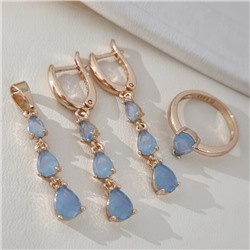 Комплект ювелирной бижутерии коллекция "Дубай" серьги, кулон и кольцо 17 р, покрытие позолота, вставка: фианиты, цвет: голубой, арт.414.308-17