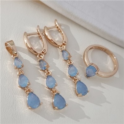 Комплект ювелирной бижутерии коллекция "Дубай" серьги, кулон и кольцо 20 р, покрытие позолота, вставка: фианиты, цвет: голубой, арт.414.308-20