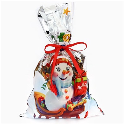 Пакет подарочный «Снеговик на санях» 25×40 см, цветной металлизированный рисунок