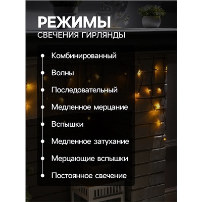 Гирлянда «Бахрома» 3×0.5 м, IP20, тёмная нить, 80 LED, свечение жёлтое, 8 режимов, 220 В