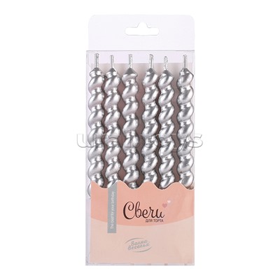 Свечи Роскошная серия, Серебро, Металлик, 0,8*7,5 + 2,8 см, 6 шт. с держателем