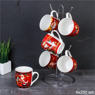 Кружка 6 штук на металлстенде 250 мл Новый год / FG604 / кружка новогодняя