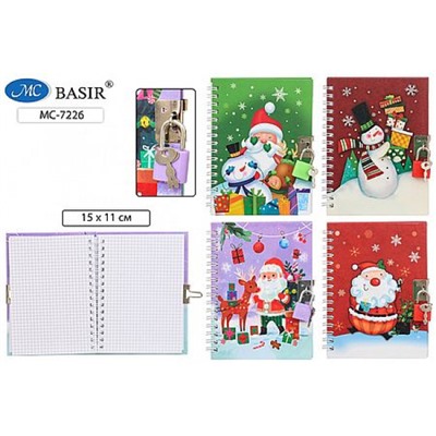 Блокнот на спирали с замочком 150х110 мм 48л клетка "НОВОГОДНИЕ" МС-7226 Basir