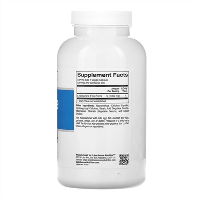 Lake Avenue Nutrition, L-глютамин, 1000 мг, 240 растительных капсул