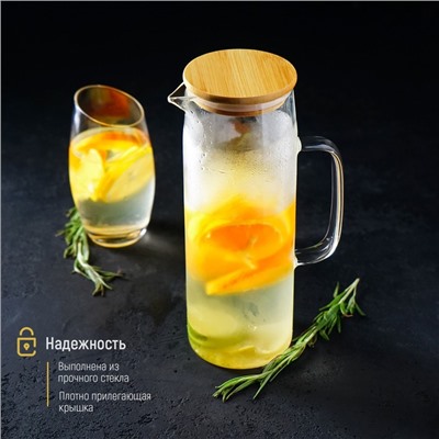 Кувшин стеклянный с бамбуковой крышкой Magistro «Эко», 1.3 л