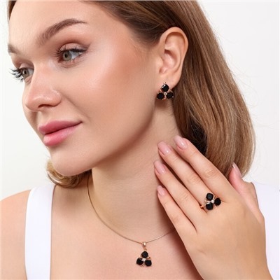 Комплект ювелирная бижутерия коллекция  "Дубай" серьги, кулон и кольцо 18 р, покрытие: позолота, вставка: фианиты, цвет: черный, арт.313.131-18