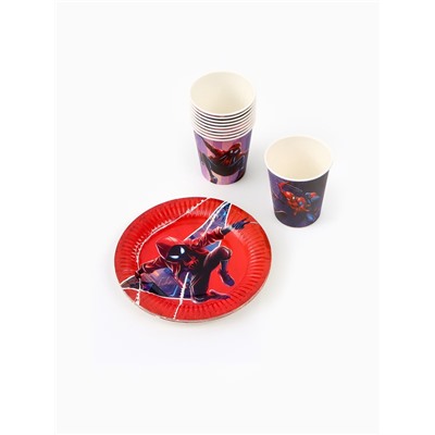 Посуда одноразовая бумажная на 10 персон: стаканы, тарелки, скатерть, Человек Паук