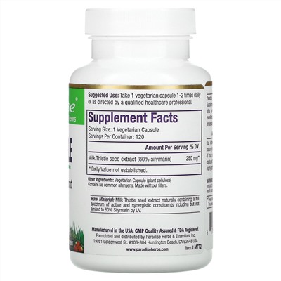 Paradise Herbs, расторопша, 120 вегетарианских капсул