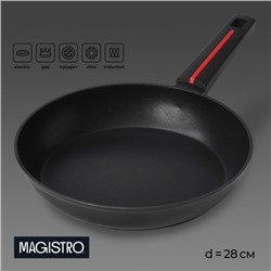 Сковорода Magistro Flame, d=28 см, h=5 см, кованый алюминий, ручка soft-touch, антипригарное покрытие, индукция, чёрная