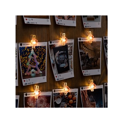 Гирлянда «Нить» 2 м роса с насадками «Прищепки-цветы», IP20, серебристая нить, 20 LED, батарейки ААх2 (нет в комплекте), свечение тёплое белое