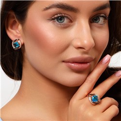 Комплект ювелирной бижутерии коллекция "Дубай" с крупным камнем серьги и кольцо 19 р, покрытие позолота, вставка: фианиты и эмаль, цвет: голубой и черный, арт.215.326-19