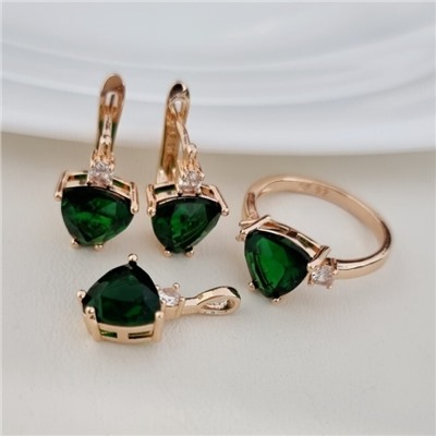 Комплект ювелирной бижутерии коллекция "Дубай" серьги, кулон и кольцо 19 р, покрытие позолота, вставка: фианиты, цвет: зеленый, арт.313.174-19
