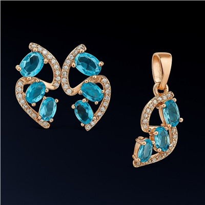 Комплект ювелирной бижутерии коллекция "Дубай" серьги и кулон, покрытие позолота, вставка: фианиты и цирконы, цвет: голубой и прозрачный, арт.414.026