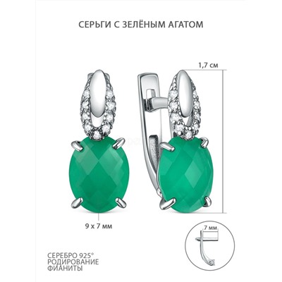 Серьги из серебра сзелёным агатом фианитами родированные С-00050