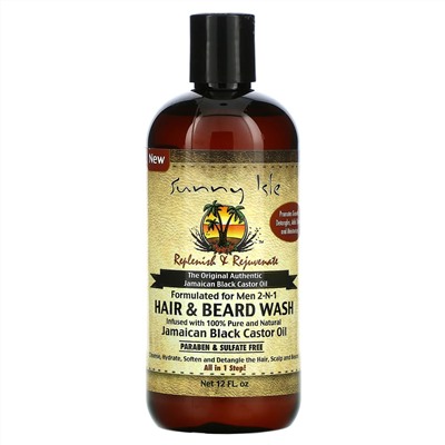 Sunny Isle, Men 2-N-1 Hair & Beard Wash with Jamaican Black Castor Oil, 12 fl oz
