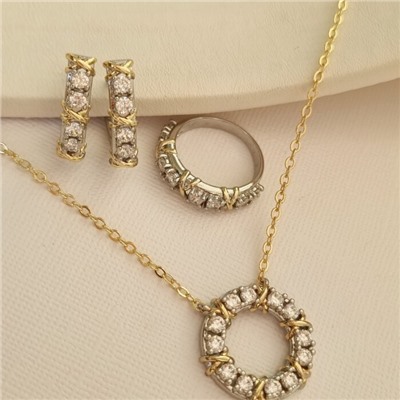 Комплект ювелирной бижутерии Итальянское золото (покрытие желтое 14к) серьги, кулон на цепочке и кольцо 19 р, вставка: фианиты, цвет: прозрачный, арт.414.056-19
