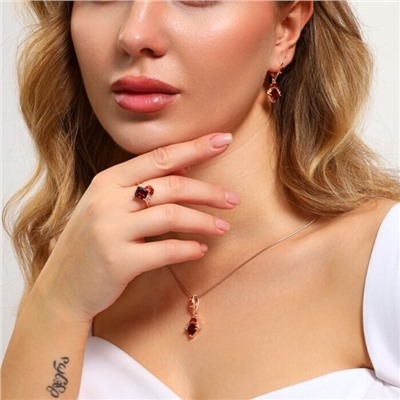 Комплект ювелирной бижутерии Дубайское золото, покрытие: позолота, серьги, кулон и кольцо 18 р, вставка: фианиты, цвет: красный и прозрачный, арт.314.776-18