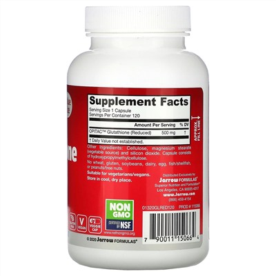 Jarrow Formulas, глутатион восстановленный, 500 мг, 120 вегетарианских капсул