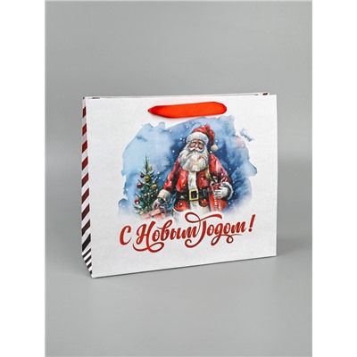Пакет подарочный новогодний крафтовый, «Дед Мороз», 30×26×9 см