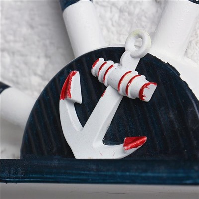 Вешалка настенная «Штурвал», крючки декоративные, 3 крючка на панно, бело-синяя, 45×28×5 см