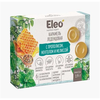 Карамель леденцовая Eleo с прополисом, ментолом и мелисой 19 гр. (6 шт. блистер)