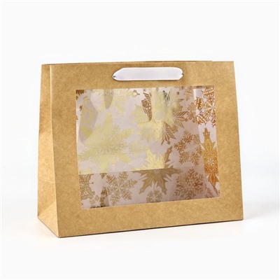 Пакет подарочный новогодний крафтовый с пластиковым окном Gold, 24×20×11 см