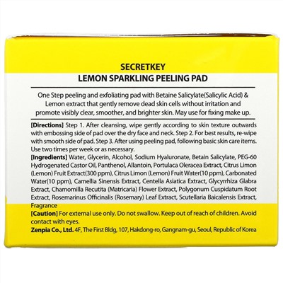 Secret Key, Lemon Sparkling Peeling Pad, 70 Pads, 4.39 fl oz (130 ml)