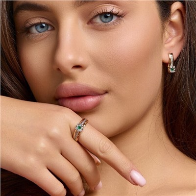 Комплект ювелирной бижутерии коллекция "Дубай" серьги и кольцо 18 р, покрытие позолота, вставка: фианиты и цирконы, цвет: зеленый и прозрачный, арт.215.694-18