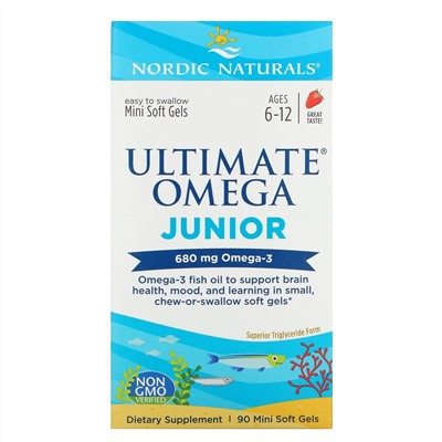 Nordic Naturals, Ultimate Omega Junior, для детей от 6 до 12 лет, со вкусом клубники, 680 мг, 90 мини-капсул