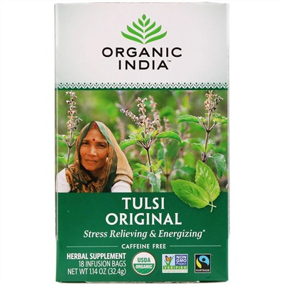 Organic India, Чай с туласи, оригинальный, без кофеина, 18 пакетиков, 32,4 г (1,14 унции)
