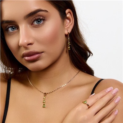 Комплект ювелирной бижутерии коллекция "Дубай" серьги, кулон и кольцо 19 р, покрытие позолота, вставка: фианиты, цвет: бледно-зеленый, арт.414.309-19