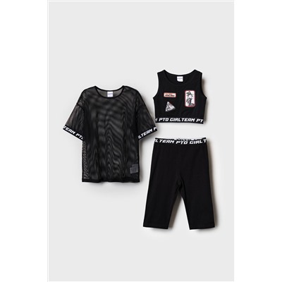 Комплект трикотажный для девочек: брюки (легинсы укороченные), топ, фуфайка (футболка) PLAYTODAY, 1243849