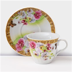 Набор чайный керамический на металлической подставке Доляна «Садовый дворик», 13 предметов: 6 чашек 200 мл, 6 блюдец d=14.1 см, чайник 1 л ㅤ