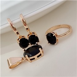 Комплект ювелирной бижутерии коллекция "Дубай" серьги, кулон и кольцо 17 р, покрытие позолота, вставка: фианит, цвет: черный, арт.215.510-17