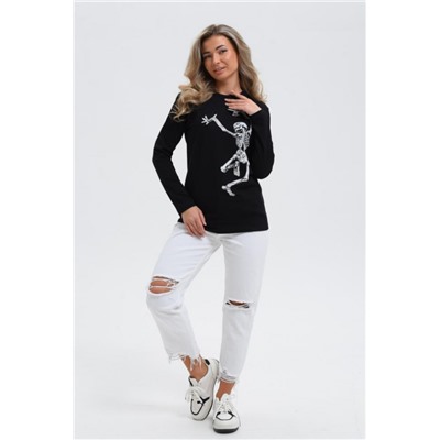 8532 Футболка с длинным рукавом женская (Черный_скелетик)