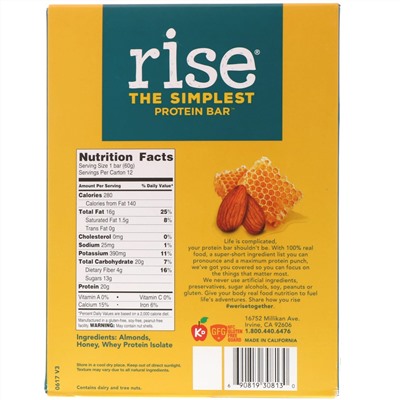 Rise Bar, THE SIMPLEST PROTEIN BAR, Almond Honey, 12 Bars, 2.1 oz (60 g) Each