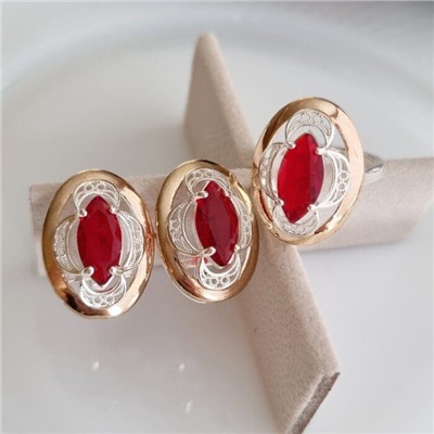 Комплект ювелирной бижутерии коллекция "Дубай",серьги и кольцо покрытие посеребрение с позолотой, вставка: камень красный, р-р 17, 09809, арт.216.376-17