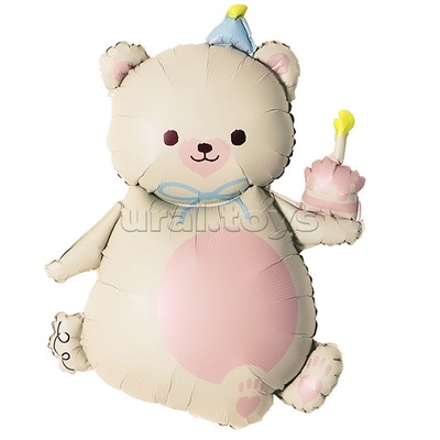 Шар (39''/99 см) Фигура, Мишка с кексиком, Кремовый, Сатин, 1 шт. в уп.