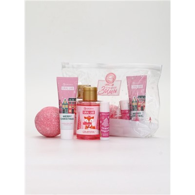 Новогодний подарочный набор косметики «Снежной зимы»: гель для душа, крем, бомбочка, бальзам, косметичка, URAL LAB
