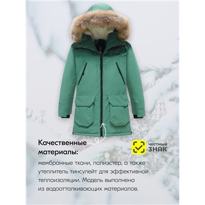 Куртка парка зимняя подростковая для девочки с капюшоном и мехом зеленого цвета 9448Z