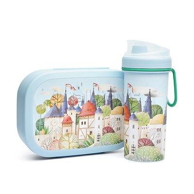 Набор: Ланч-бокс 0,98л и стакан детский с крышкой, петлей и декором 0,4л (Светло-голубой)
