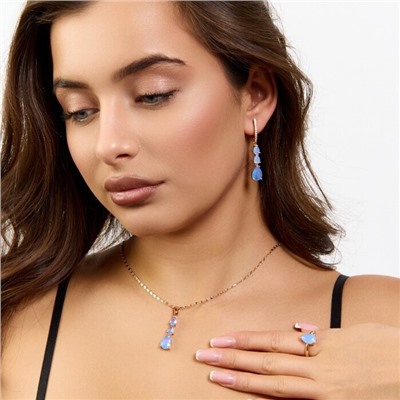 Комплект ювелирной бижутерии коллекция "Дубай" серьги, кулон и кольцо 17 р, покрытие позолота, вставка: фианиты и цирконы, цвет: голубой и прозрачный, арт.414.283-17