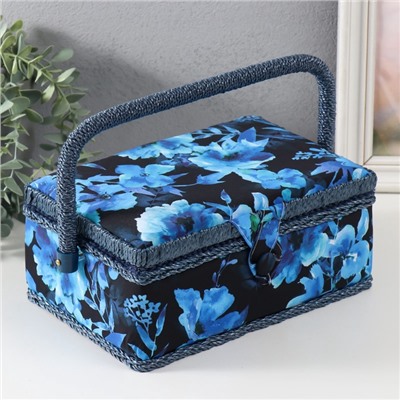 Шкатулка для рукоделия и шитья «Голубые цветы на синем», хранение ниток, иголок, мелочи, 24×16×11 см