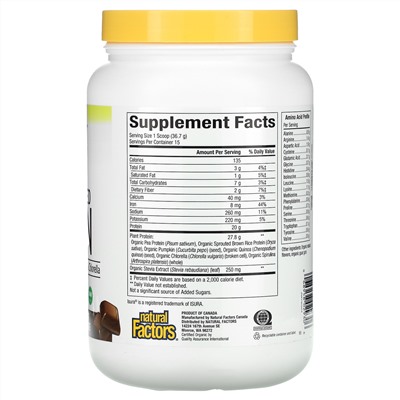 Natural Factors, Raw Organic 100% Plant-Based Protein, Decadent Chocolate, 1.2 lb (550 g)